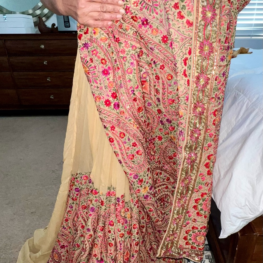 Designer Wedding Saree Indian Beige Tan, Pink, Red with Intricate Paisley Design